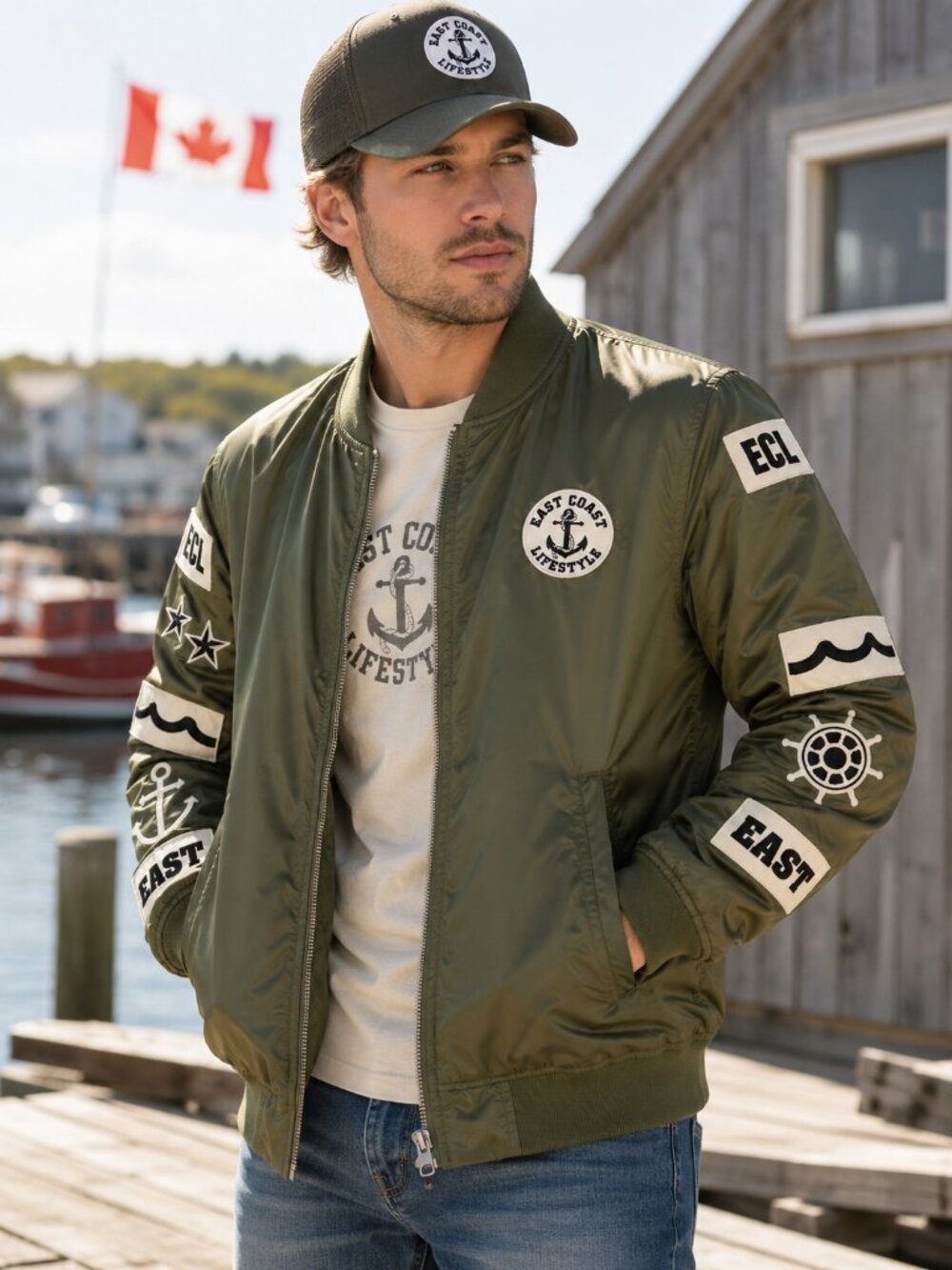 East Coast Lifestyle Olive MA1 Bomber Jacket Nautical Patch Quilted Small